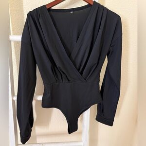 Long Sleeve Black Surplice Bodysuit